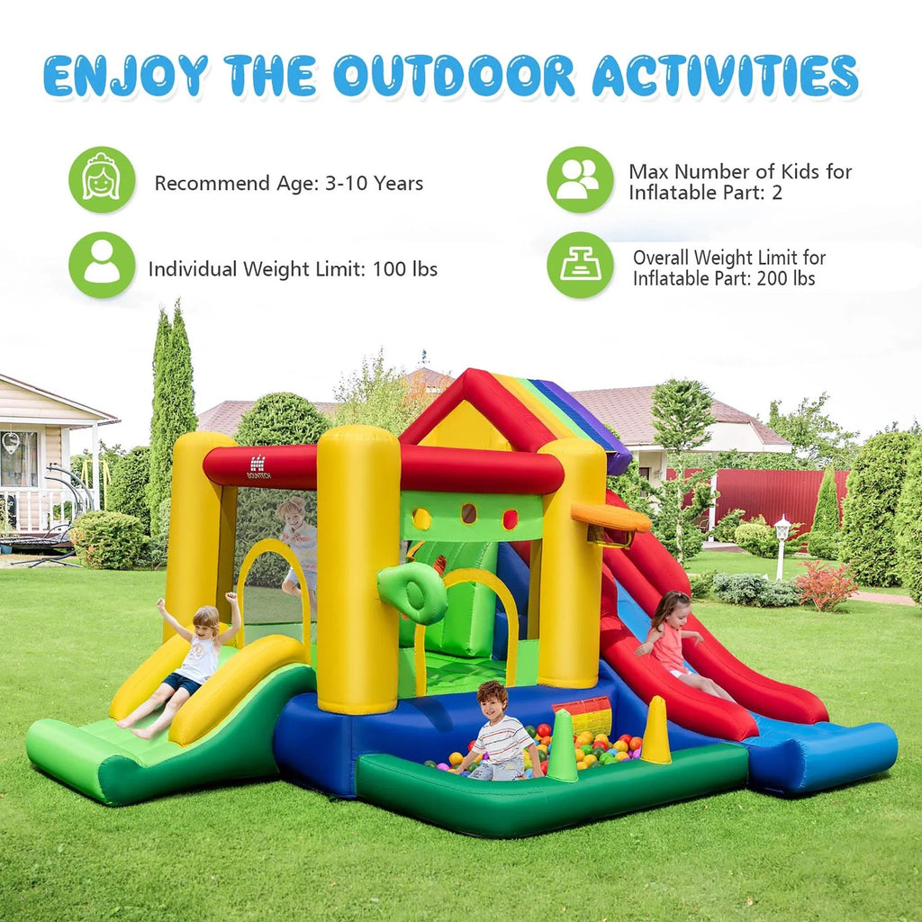Costway 7-In-1 Rainbow Kids Inflatable Bounce Castle, 151.5 x 128 x 90.5 in, 50 Ocean Balls, 735W Blower