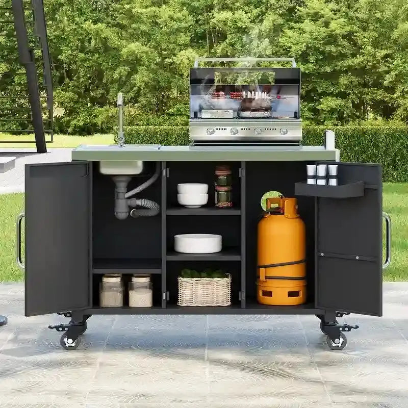Outdoor Kitchen Island Mobile Bar Cart Station With Built-In Sink And Locking Casters
