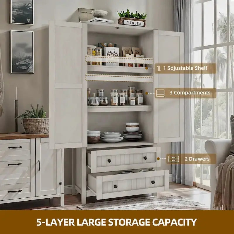 Farmhouse Kitchen Pantry Cabinet With 2 Drawers And Adjustable Shelves - 64in Tall