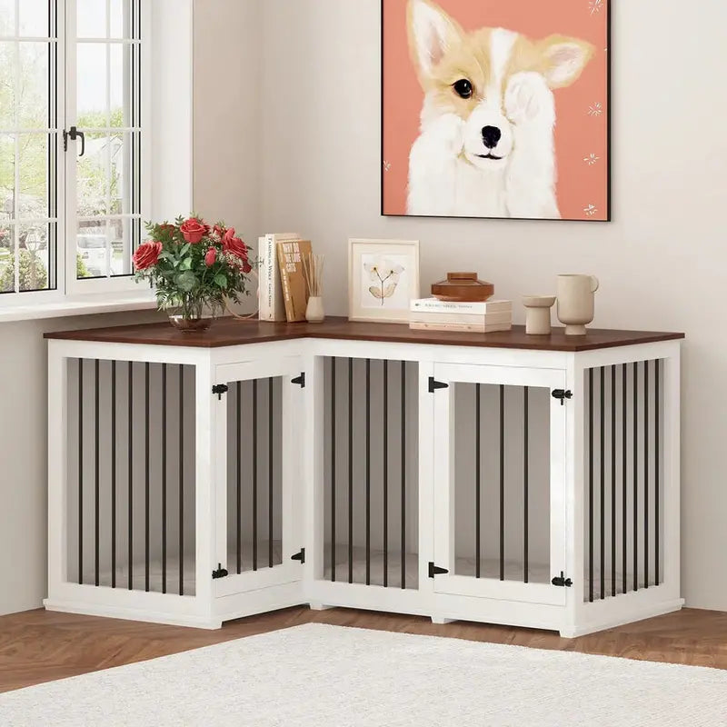 L-Shaped Corner Dog Crate Furniture, 58.7 in x 41.1 in