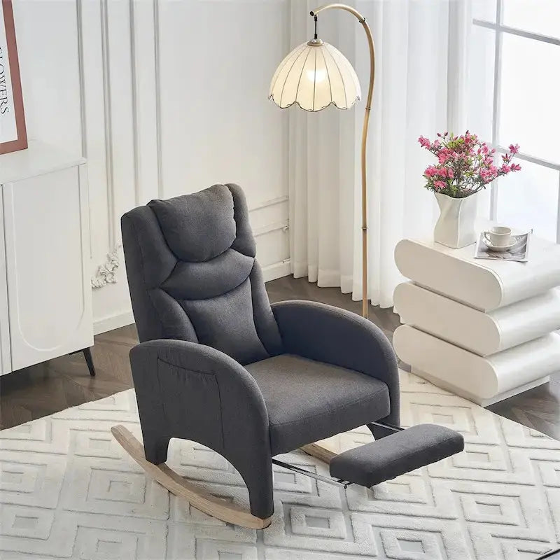 Ergonomic Fabric Nursery Rocking Chair With Adjustable Footrest And Gentle Recline - 37.6-49.2D 26W 39H