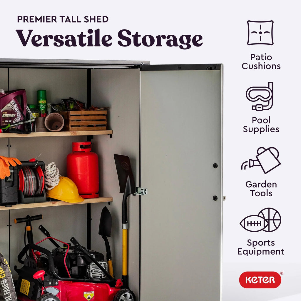 Keter Premier Tall Vertical Resin Outdoor Storage Shed With Floor And Locking Double Doors - Grey