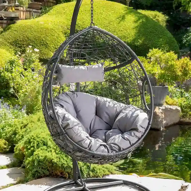 Weatherproof Wicker Hanging Basket Chair With Cushions, 300 lb Capacity
