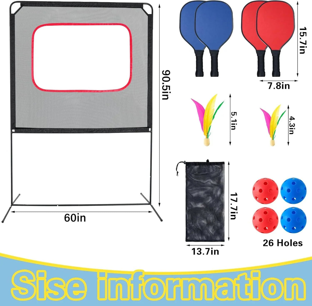 Slsy Portable Pickleball Set With Net, 4 Paddles, 4 Outdoor Pickleballs And 12 Birdies