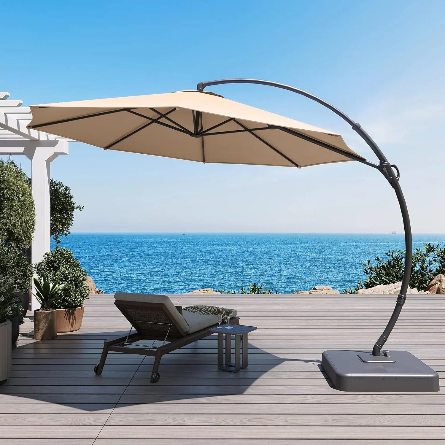 LAUSAINT HOME 11 FT Beige Curvy Cantilever Patio Umbrella With Base