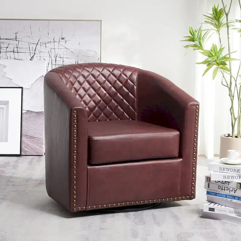 KINWELL Swivel Barrel Chair, 29 in Wide Tufted PU Leather - 360 Degree Rotation
