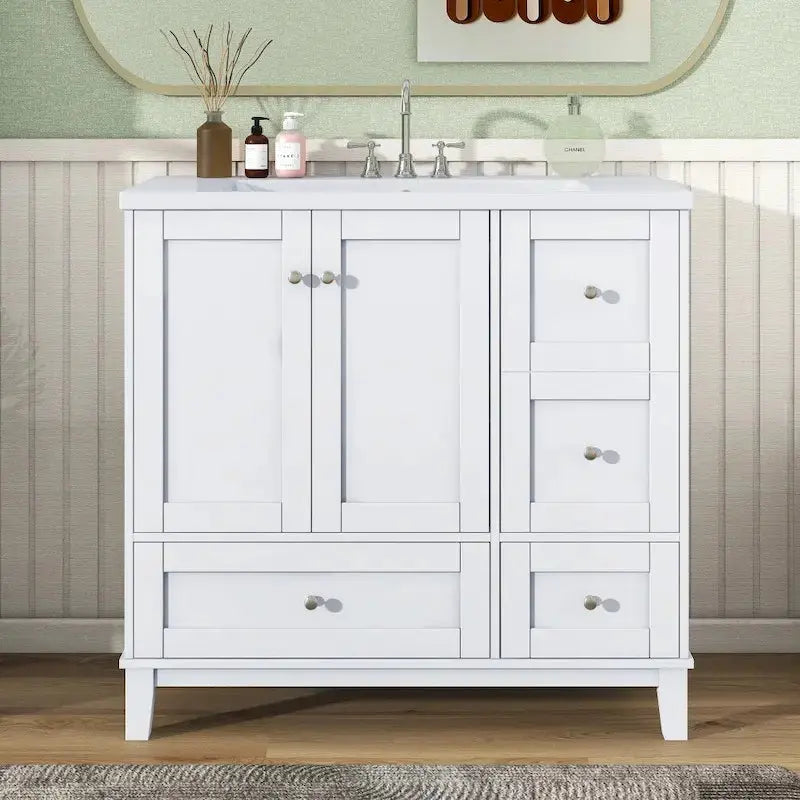 Modern Bathroom Vanity, 36 Inch, USB Charging Port, Resin Basin, Solid Wood, 3-Drawer Storage