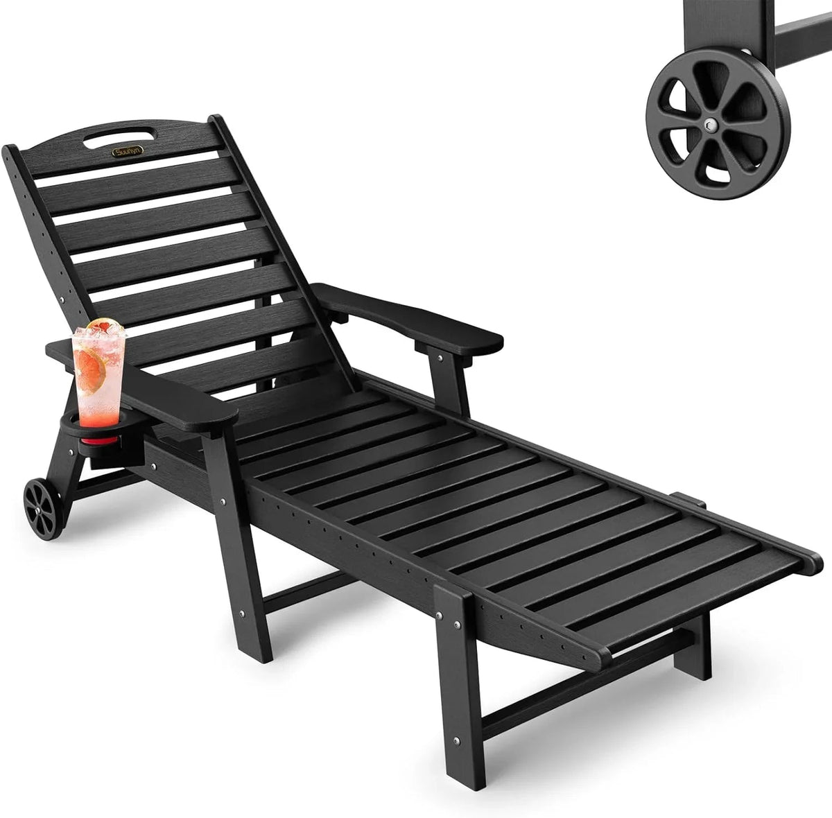 SUUNYN HDPE 6-Position Outdoor Chaise Lounge Chair With Wheels And Cup Holder - Teak