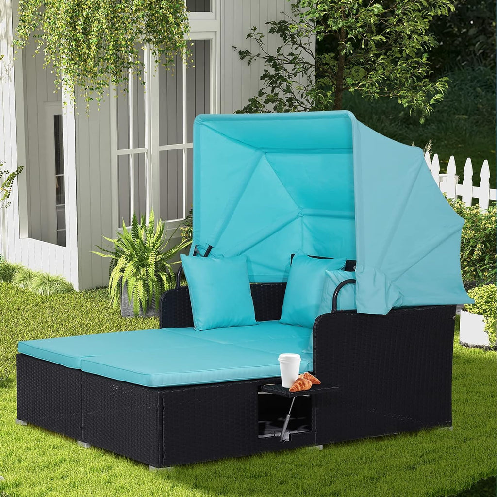 RELAX4LIFE Patio Daybed With Canopy, Cushions, 4 Pillows And 2 Side Trays, Turquoise - B0BYSN7GC7