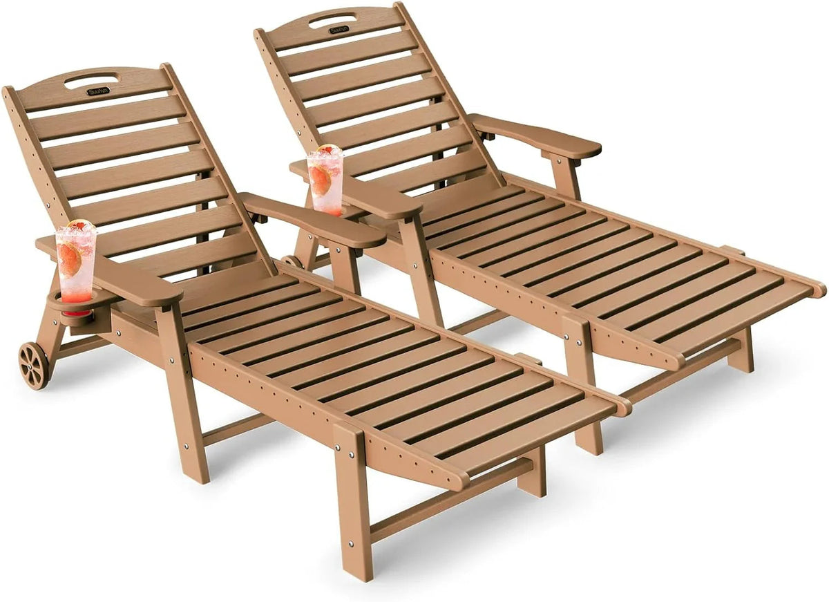 SUUNYN HDPE 6-Position Outdoor Chaise Lounge Chair With Wheels And Cup Holder - Teak