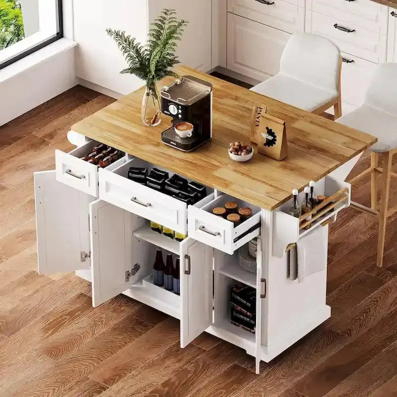 White Rolling Kitchen Island Cart With Drop-Leaf Wood Top, Embossed Finish, Doors And Drawers
