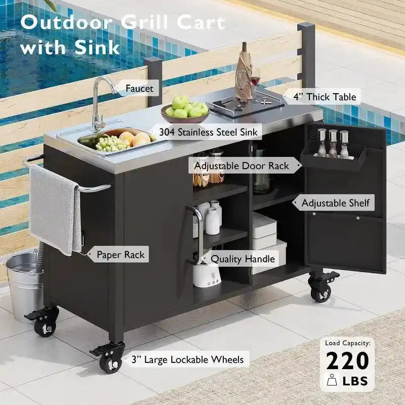 Outdoor Kitchen Island Mobile Bar Cart Station With Built-In Sink And Locking Casters