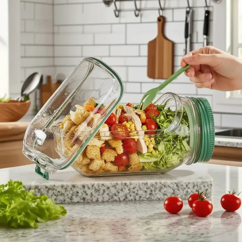 Cxren Leak-Proof Salad Shaker Jar, 2.5 Oz Dressing Cup, 7.0 X 3.5 X 3.9 Inches - Dual-Compartment