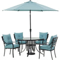 Hanover Lavallette 5-Piece Patio Dining Set With Ocean Blue Chairs, 52-Inch Round Glass Table, 9-Ft Umbrella And Base