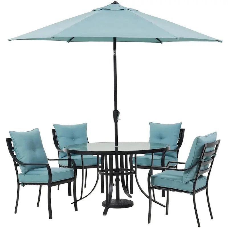 Hanover Lavallette 5-Piece Patio Dining Set With Ocean Blue Chairs, 52-Inch Round Glass Table, 9-Ft Umbrella And Base