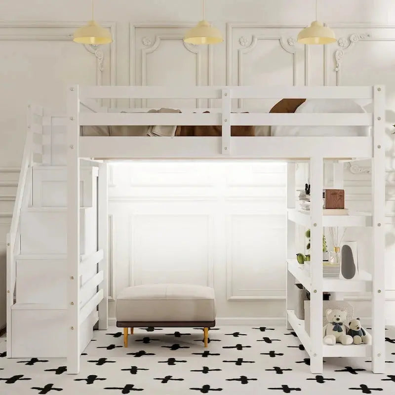 Full/Twin Loft Bed With Integrated Staircase Storage, Wardrobe And LED Lighting