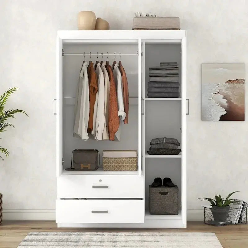 3-Door Wardrobe With Dual Drawers, Shelves And Hanging Rail - 41.3L x 18.5W x 68.2H