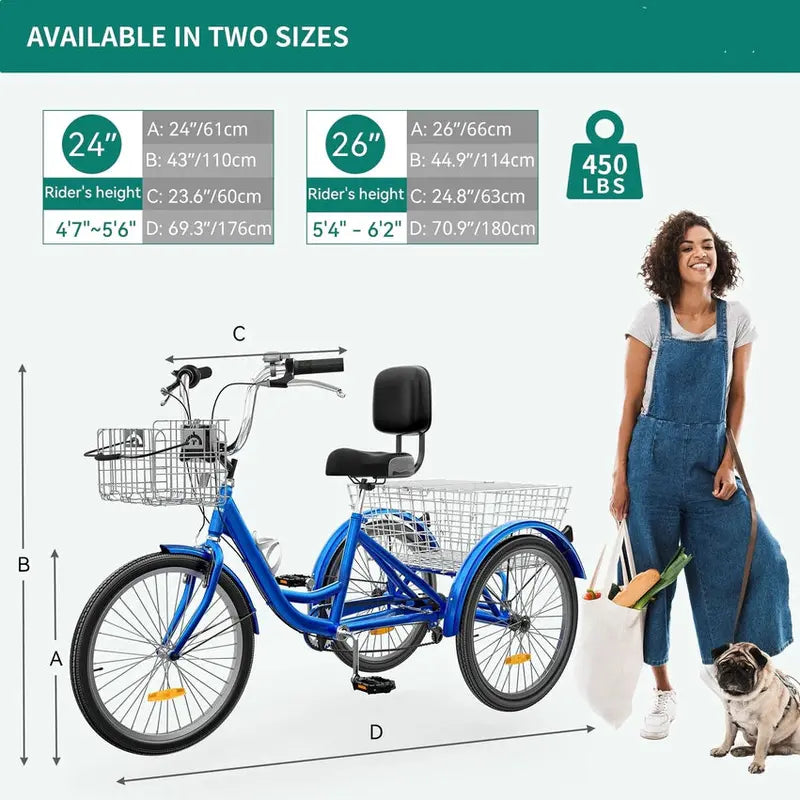Adult 3-Wheel Pedal Tricycle, 24 And 26 Inch, 7-Speed