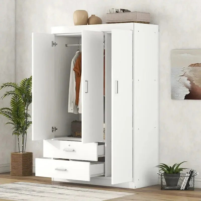 3-Door Wardrobe With Dual Drawers, Shelves And Hanging Rail - 41.3L x 18.5W x 68.2H