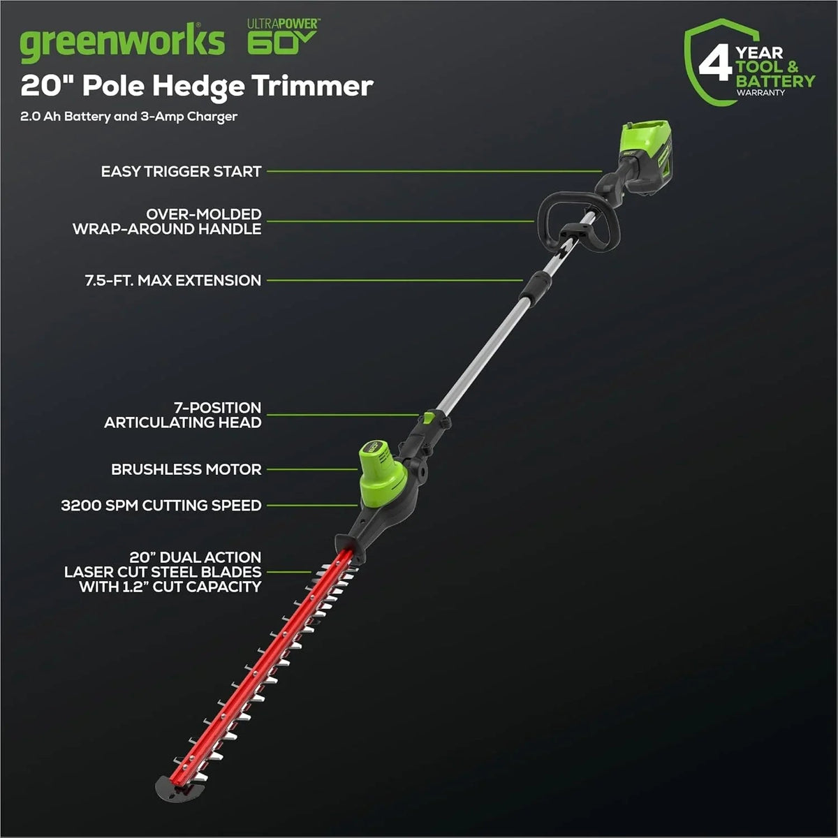 Greenworks 60V 20in Brushless Cordless Pole Hedge Trimmer With 2.0Ah Battery And Charger