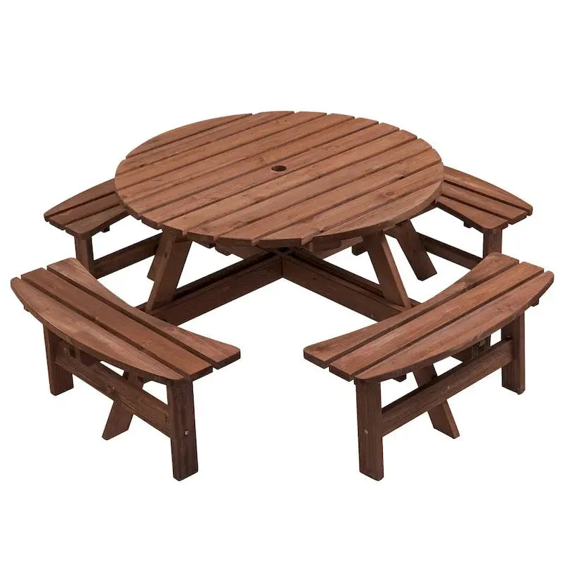 8-Person Fir Wood Round Picnic Table Set With 4 Built-In Benches And Umbrella Hole