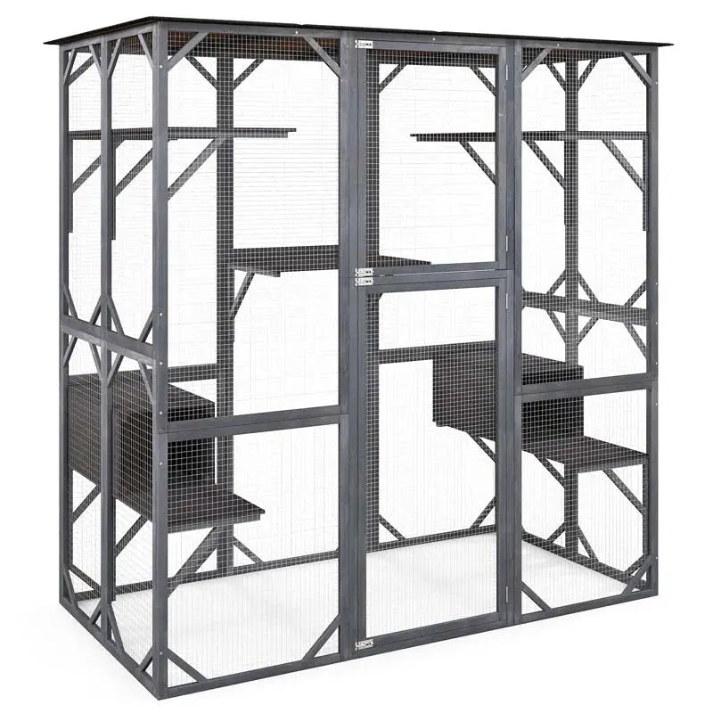 71-Inch Outdoor Wooden Catio Enclosure With 7 Platforms And 2 Condos - Grey