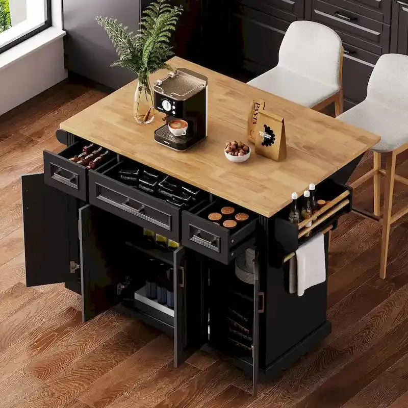 Rubberwood Rolling Kitchen Island Cart, 54.1L x 29.5W x 35.9H, 4 Doors, 3 Drawers