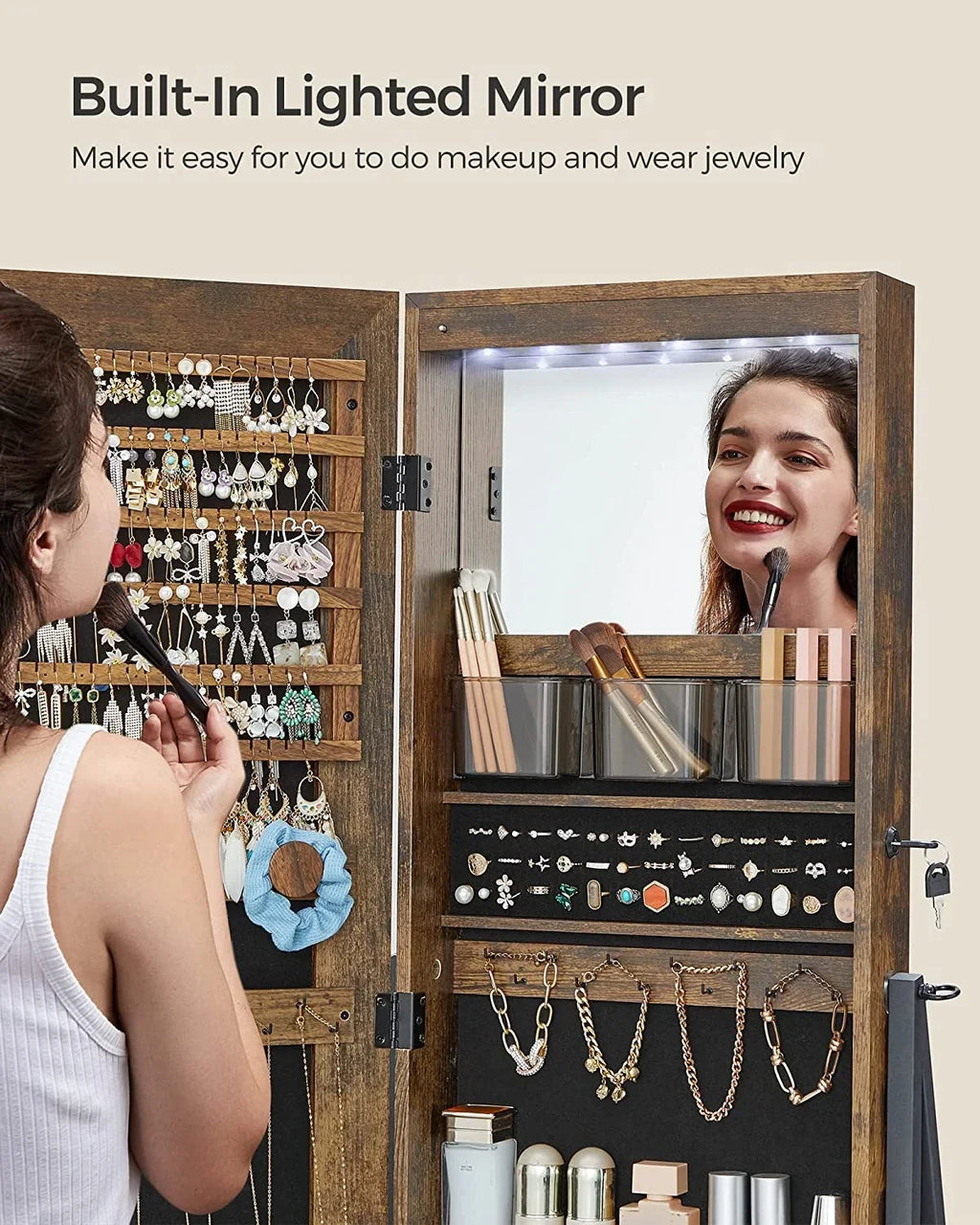 SONGMICS LED Lockable Jewelry Armoire With Full-Length Mirror, Rustic Brown - 14.6in D x 16.3in W x 61.8in H