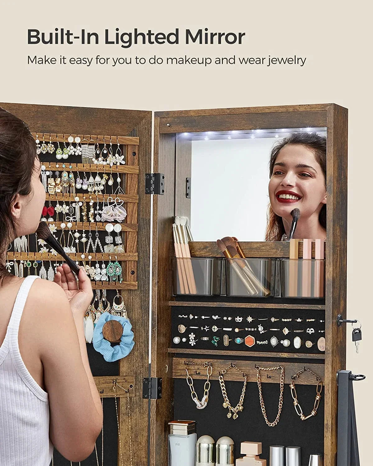 SONGMICS LED Lockable Jewelry Armoire With Full-Length Mirror, Rustic Brown - 14.6in D x 16.3in W x 61.8in H
