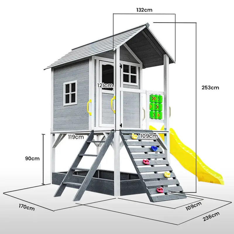 ROVO Wooden Tower Cubby House With Slide, Sandpit, Climbing Wall And Tic-Tac-Toe Panel, Grey, 236 x 176 x 248cm - PLYCBHRV4GYA