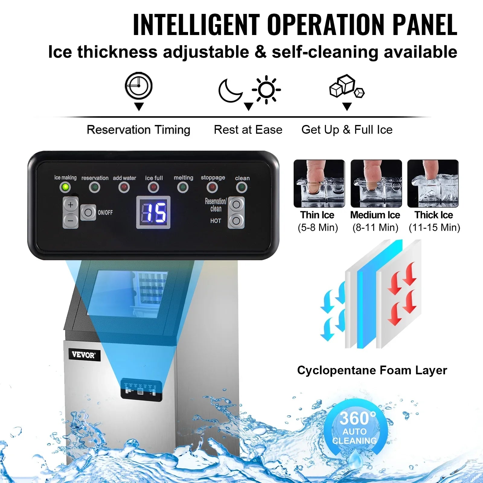 SKYSHALO 110V Commercial Ice Maker, 120lbs/24h, 29lbs Storage, 5x9 Cubes, Stainless Steel