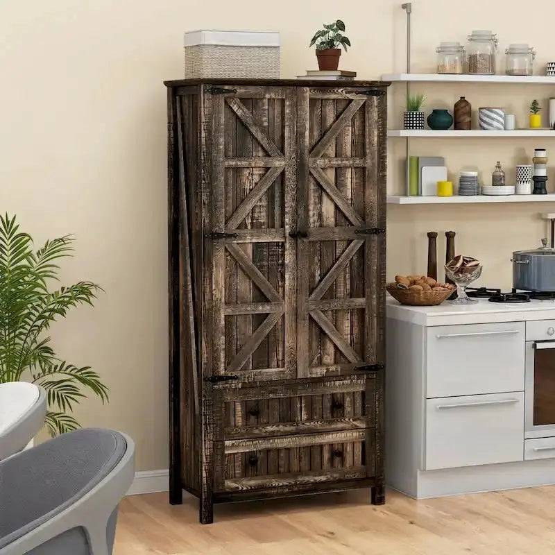 Farmhouse Kitchen Pantry Cabinet With 2 Drawers And Adjustable Shelves - 64in Tall