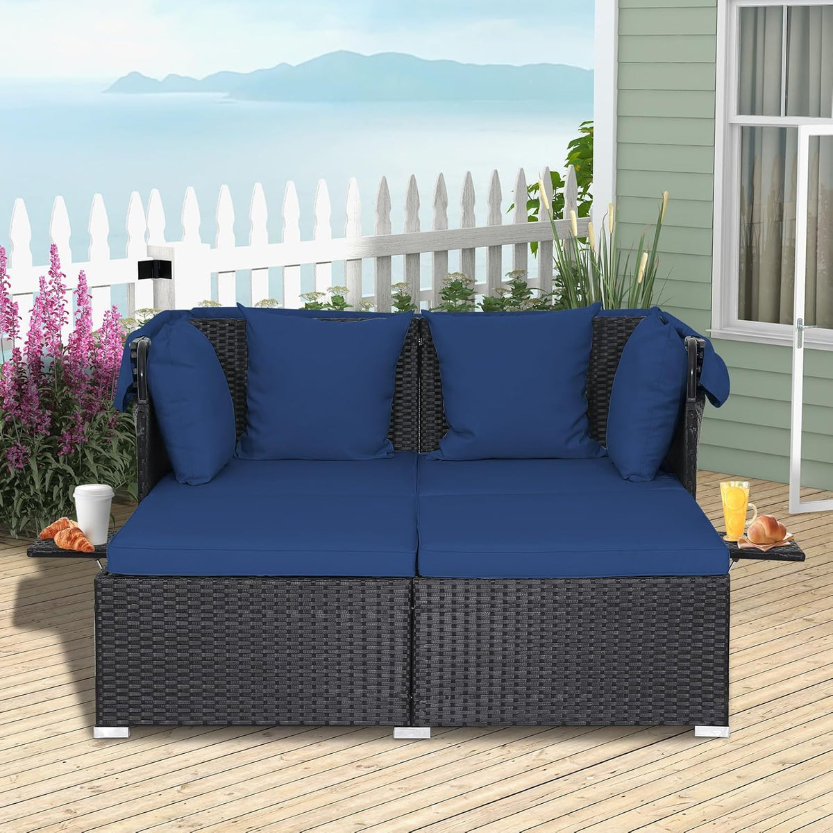 RELAX4LIFE Patio Daybed With Canopy, Cushions, 4 Pillows And 2 Side Trays, Turquoise - B0BYSN7GC7