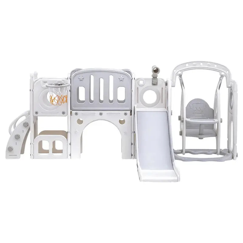 Keezi 4-In-1 Outdoor Play Set With Slide, Swing, Basketball Hoop And Football Ring - Grey And White, 246CM x 147CM x 106.5CM