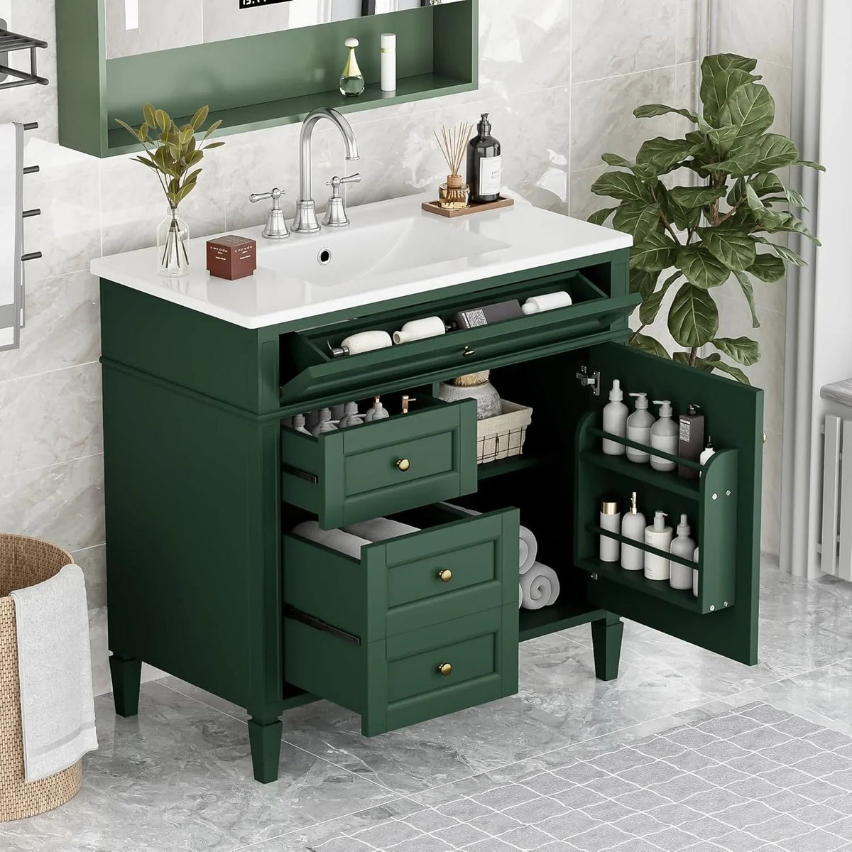 36 Inch Black Freestanding Bathroom Vanity With Single Undermount Sink, 2 Drawers And Tip-Out Drawer