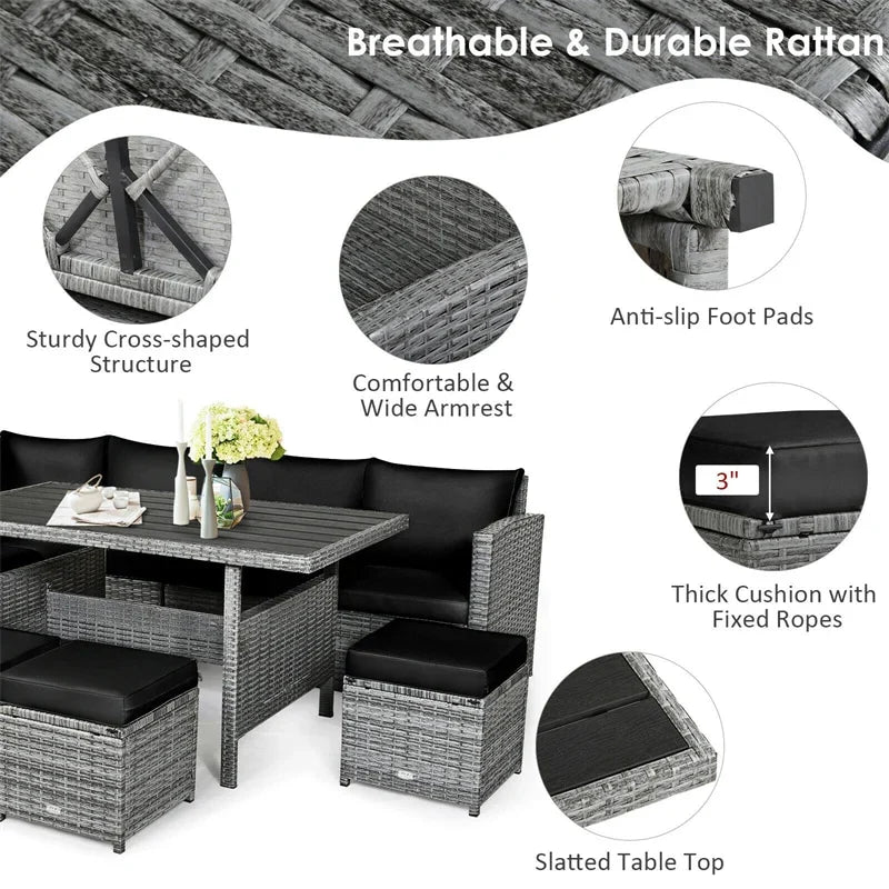 7-Piece Resin Wicker Outdoor Sectional Sofa Set With Dining Table, Ottomans And Cushions