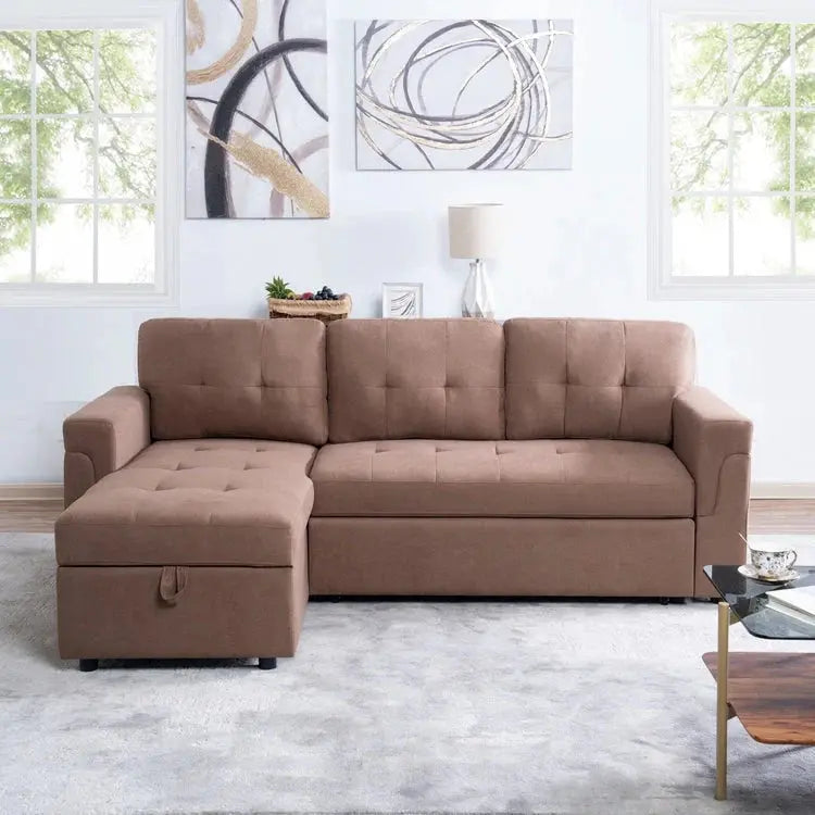 Reversible L-Shaped Sectional Sleeper Sofa With Storage Chaise And Pull-Out Bed