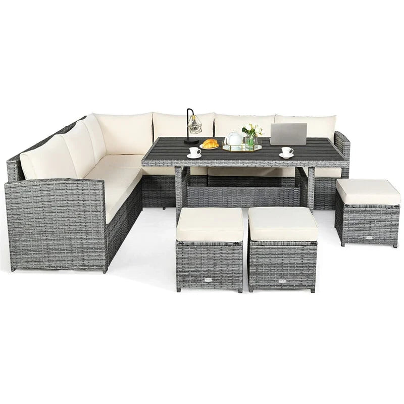 7-Piece Resin Wicker Outdoor Sectional Sofa Set With Dining Table, Ottomans And Cushions