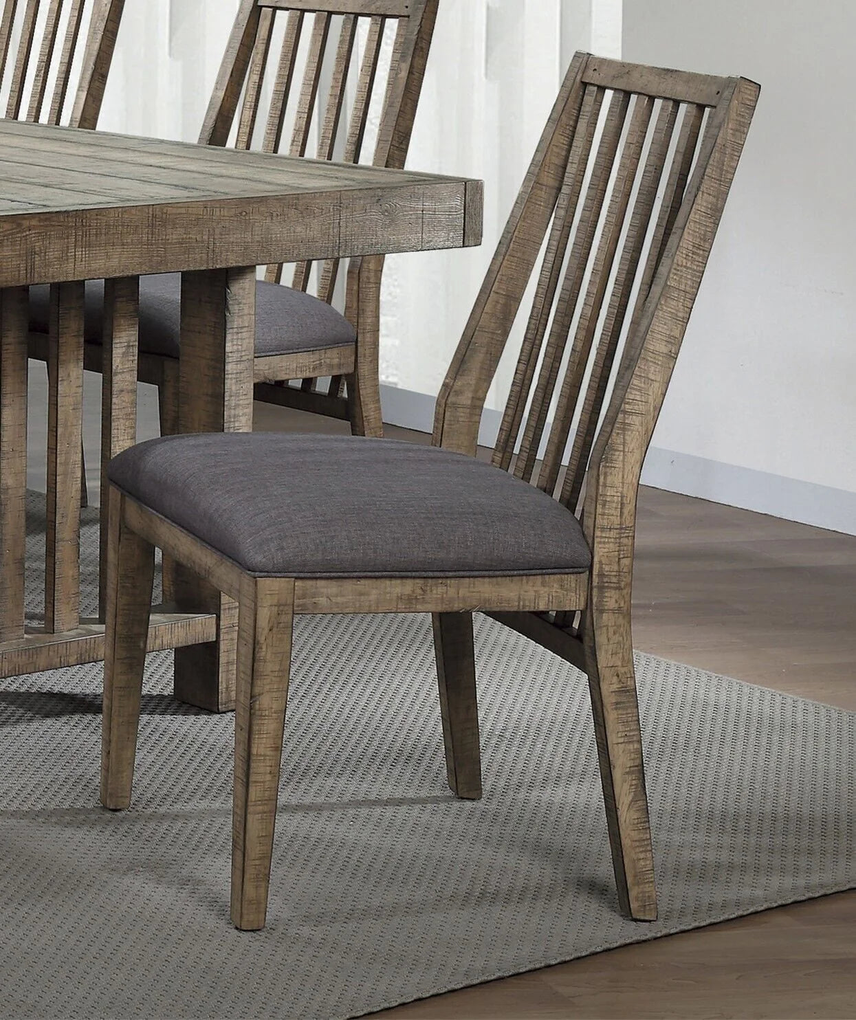 Rustic Design Wooden Side Chairs 6pc Set With Padded Gray Fabric Seats - Natural Weathering Look