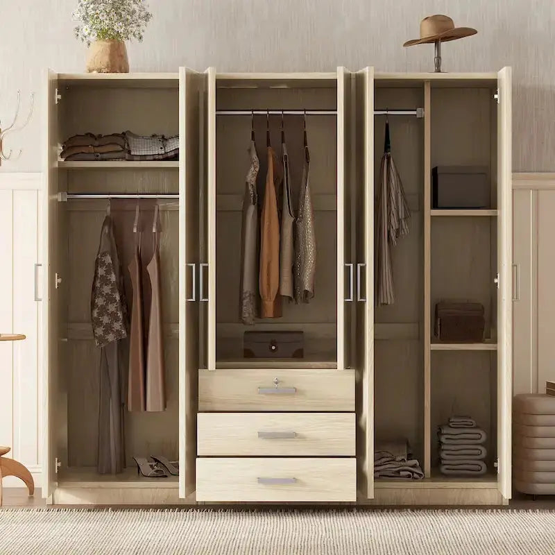 6-Door MDF Bedroom Wardrobe With 3 Large Bottom Drawers - 70.9 X 19.2 X 68