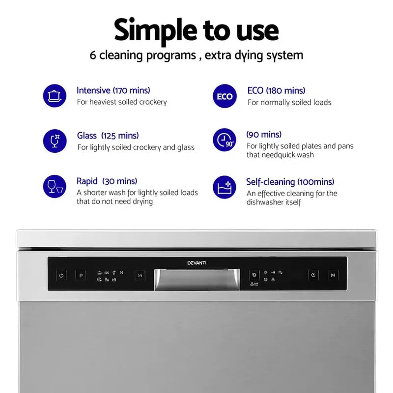 Devanti Freestanding Dishwasher, 60cm Wide, 14-Place Setting, Silver - BDW-14-FS5201G-SS