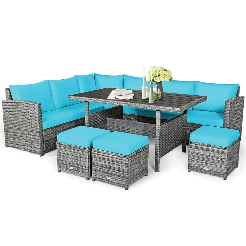 7-Piece Resin Wicker Outdoor Sectional Sofa Set With Dining Table, Ottomans And Cushions