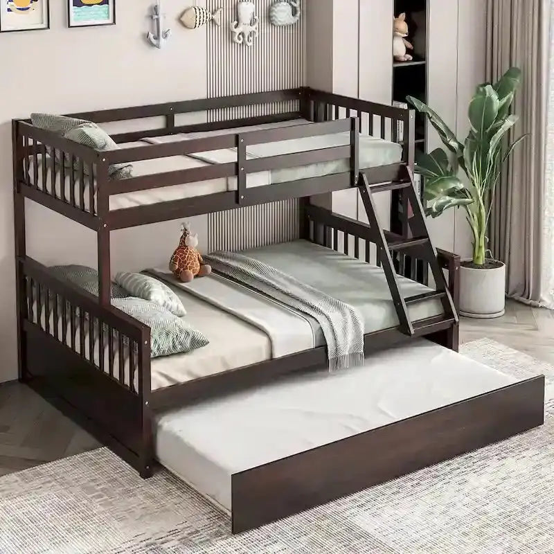 Gymax Twin-Over-Full Bunk Bed With Convertible Twin Trundle - Espresso/White
