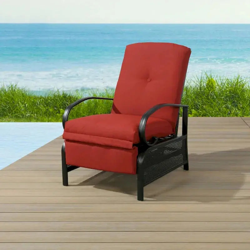 Adjustable Outdoor Reclining Lounge Chair With Cushions, 38 in D x 26.5 in W x 38.5 in H