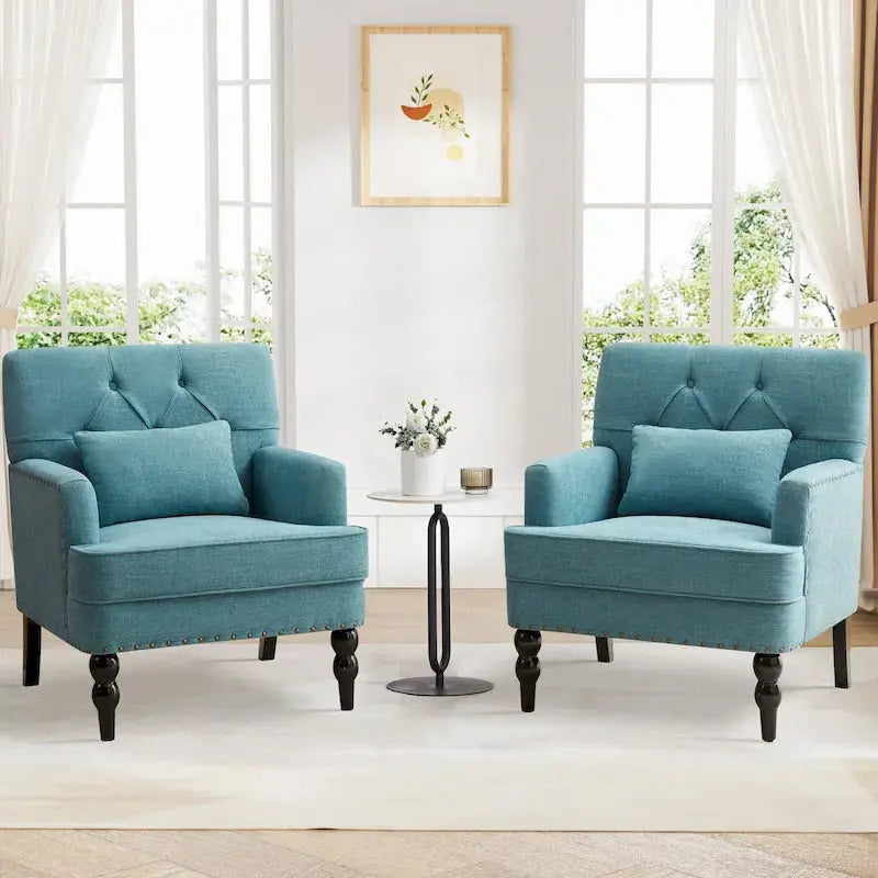 Set Of 2 Button-Tufted Upholstered Accent Armchairs With Lumbar Support Pillows