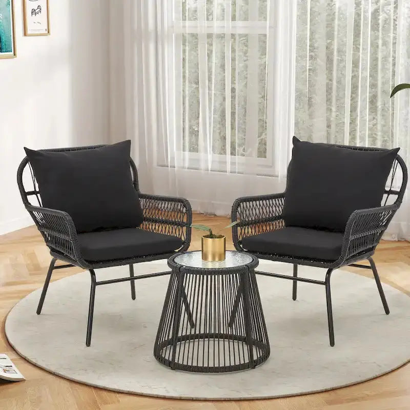 3-Piece Rattan Patio Conversation Set With Glass-Top Bistro Table, Two Wide-Arm Chairs And Seat Cushions