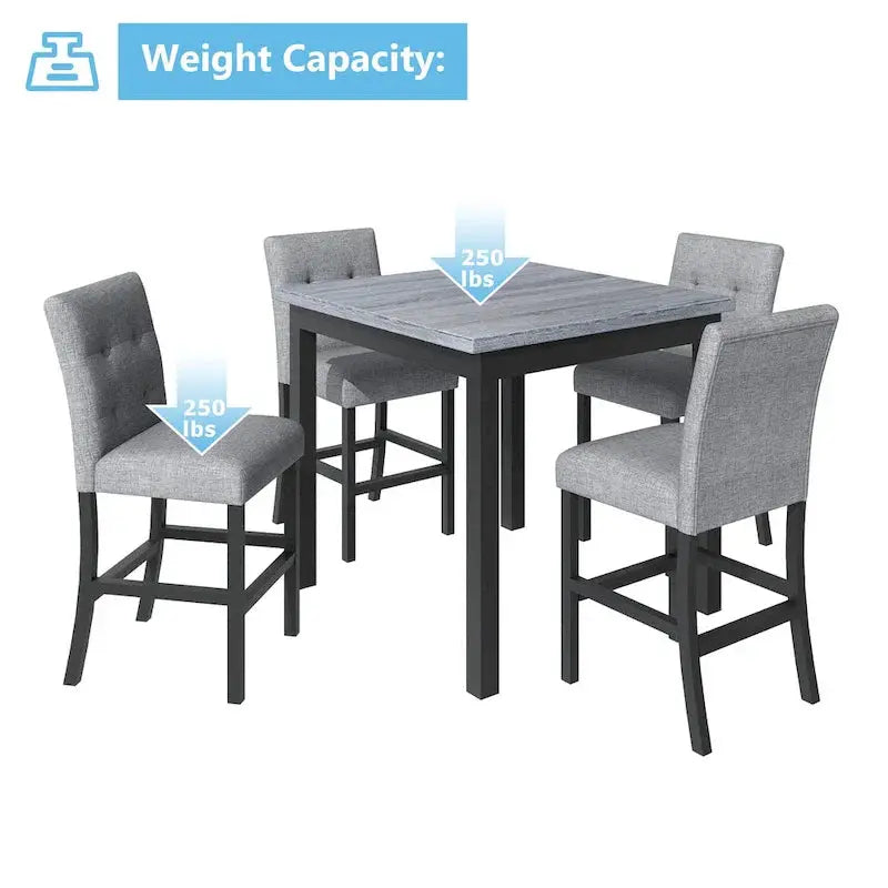 5-Piece Counter-Height Dining Set With Solid Wood Table And 4 Padded High-Back Chairs