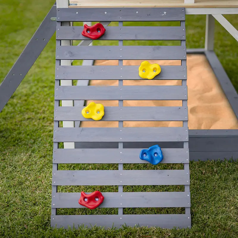 ROVO Wooden Tower Cubby House With Slide, Sandpit, Climbing Wall And Tic-Tac-Toe Panel, Grey, 236 x 176 x 248cm - PLYCBHRV4GYA