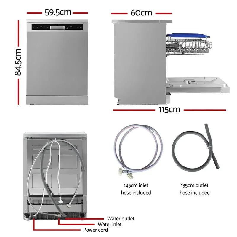 Devanti Freestanding Dishwasher, 60cm Wide, 14-Place Setting, Silver - BDW-14-FS5201G-SS