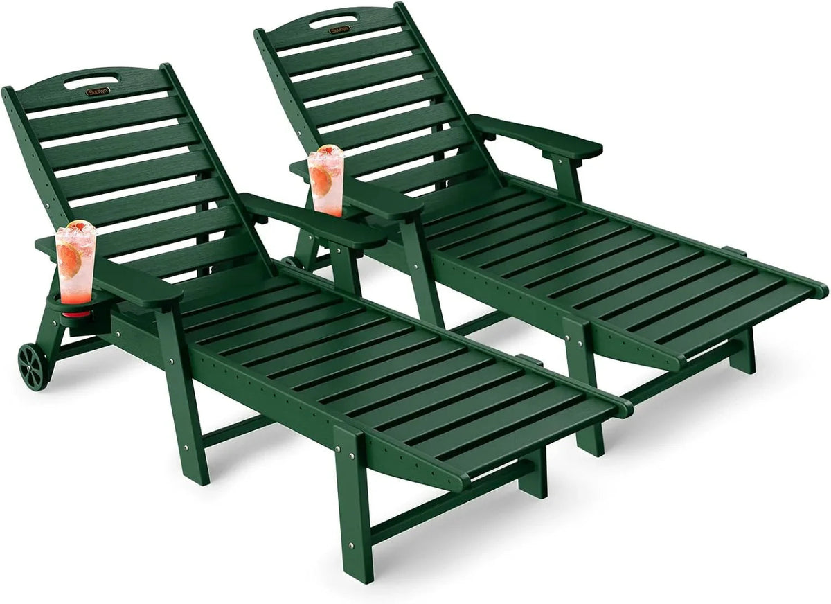 SUUNYN HDPE 6-Position Outdoor Chaise Lounge Chair With Wheels And Cup Holder - Teak